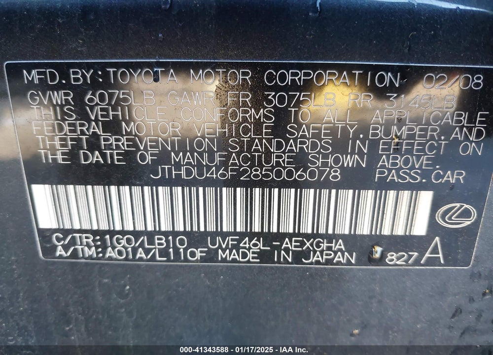 2008 LEXUS LS 600H VIN: JTHDU46F285006078
