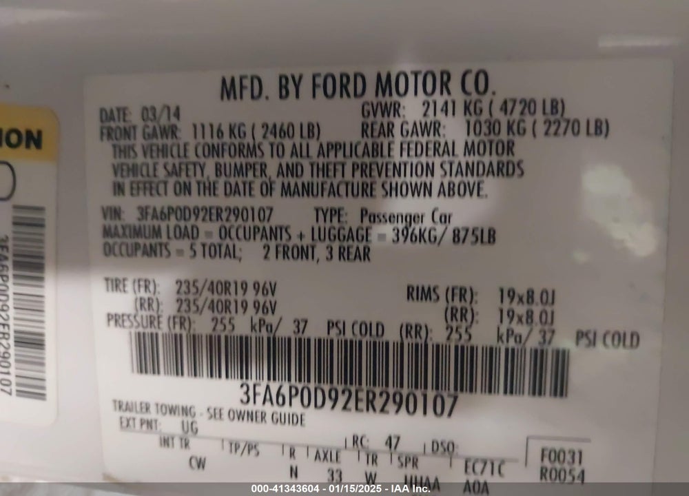 2014 FORD FUSION TITANIUM VIN: 3FA6P0D92ER290107