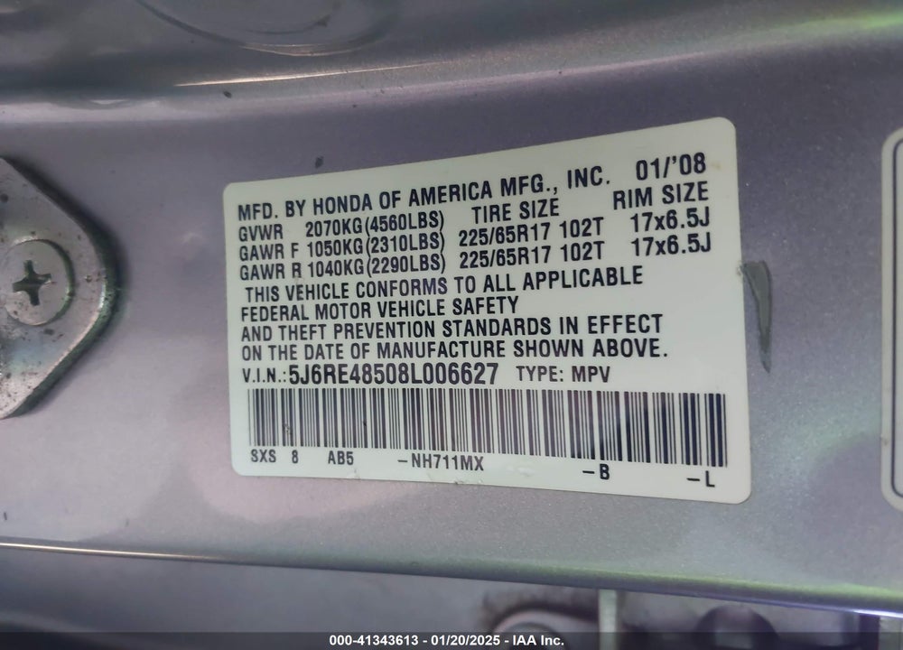 2008 HONDA CR-V EX VIN: 5J6RE48508L006627