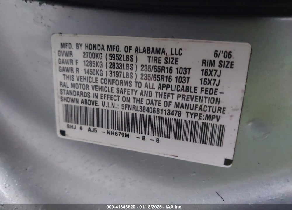 2006 HONDA ODYSSEY EX VIN: 5FNRL38406B113478
