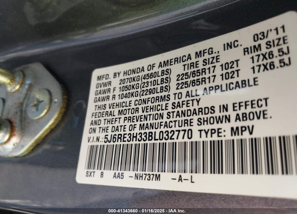 2011 HONDA CR-V LX VIN: 5J6RE3H33BL032770