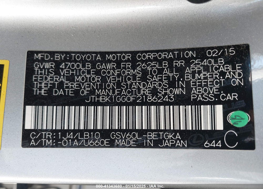 2015 LEXUS ES 350 VIN: JTHBK1GG0F2186243