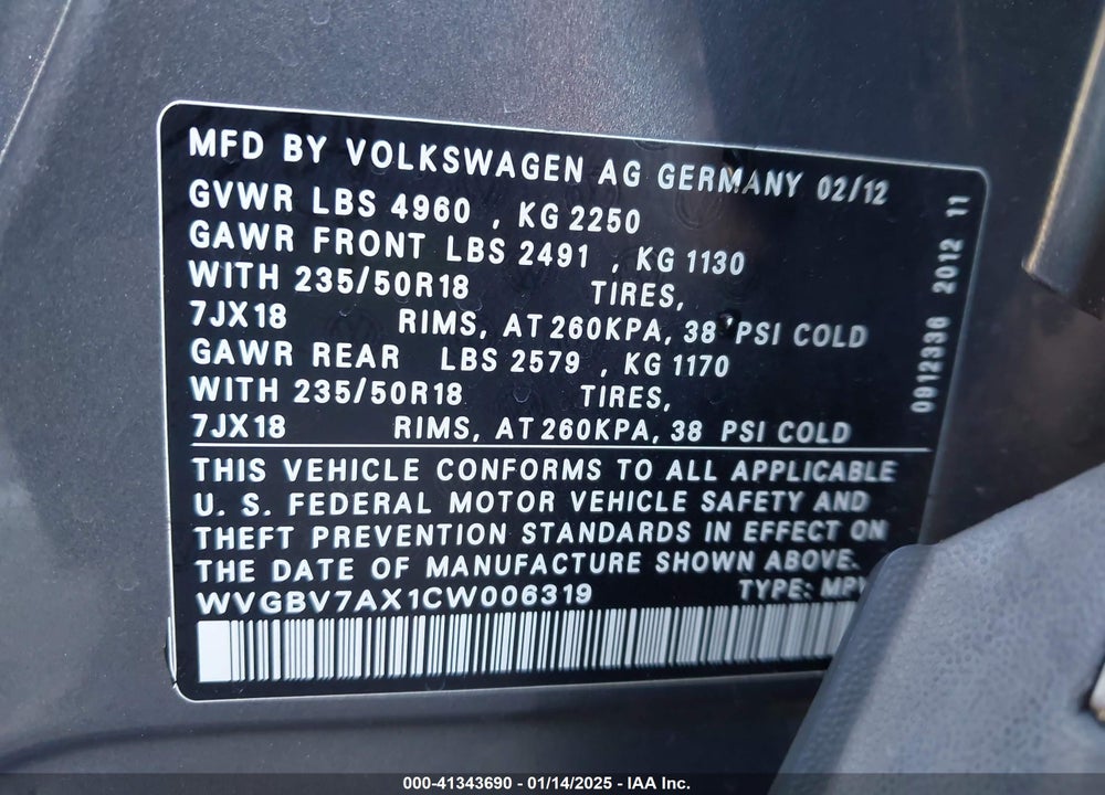 2012 VOLKSWAGEN TIGUAN SE VIN: WVGBV7AX1CW006319