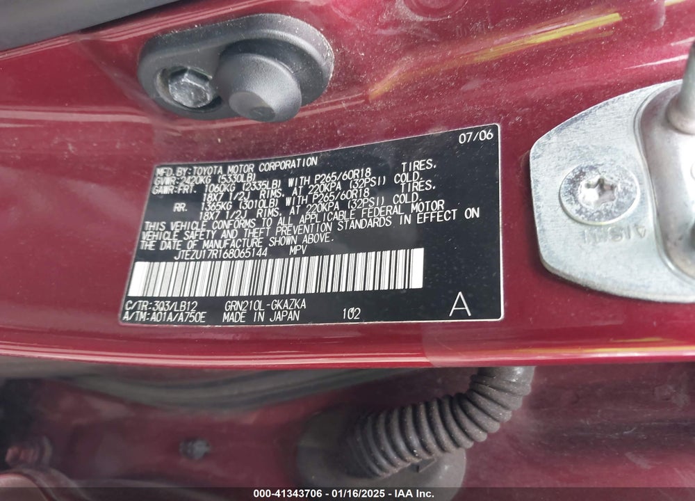 2006 TOYOTA 4RUNNER LIMITED V6 VIN: JTEZU17R168065144