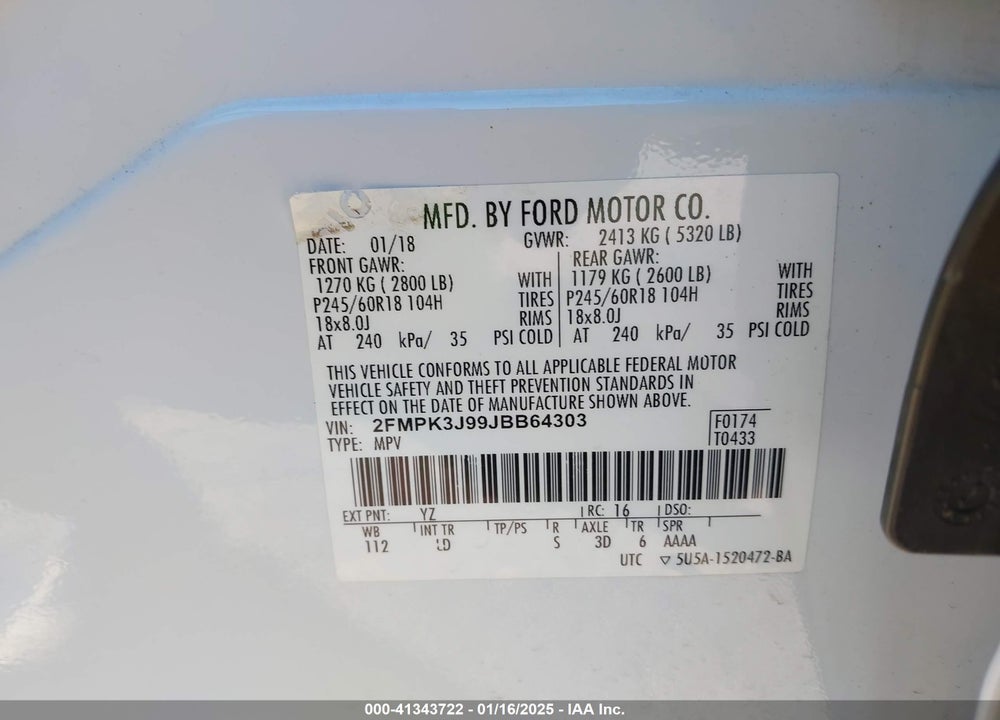 2018 FORD EDGE SEL VIN: 2FMPK3J99JBB64303