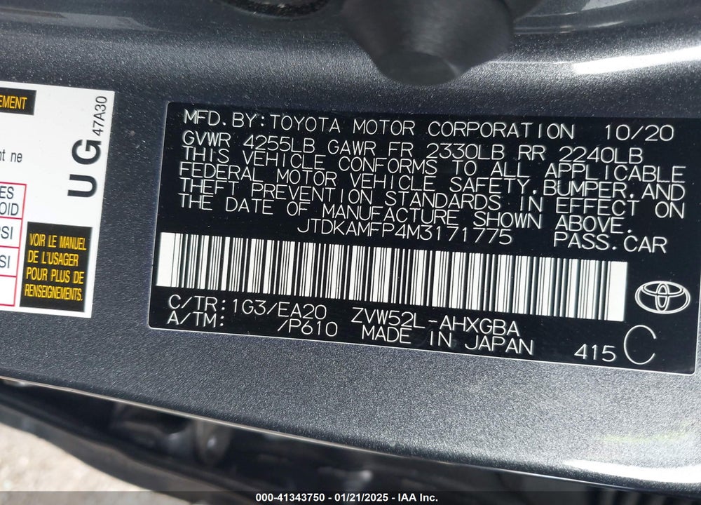 2021 TOYOTA PRIUS PRIME VIN: JTDKAMFP4M3171775