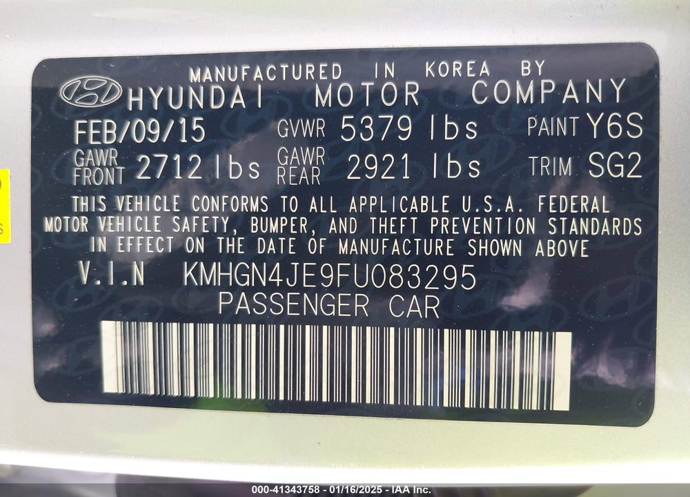 2015 HYUNDAI GENESIS 3.8 VIN: KMHGN4JE9FU083295