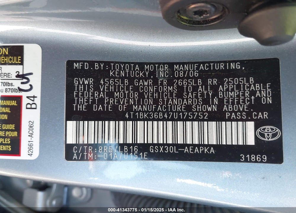 2007 TOYOTA AVALON LIMITED VIN: 4T1BK36B47U175752