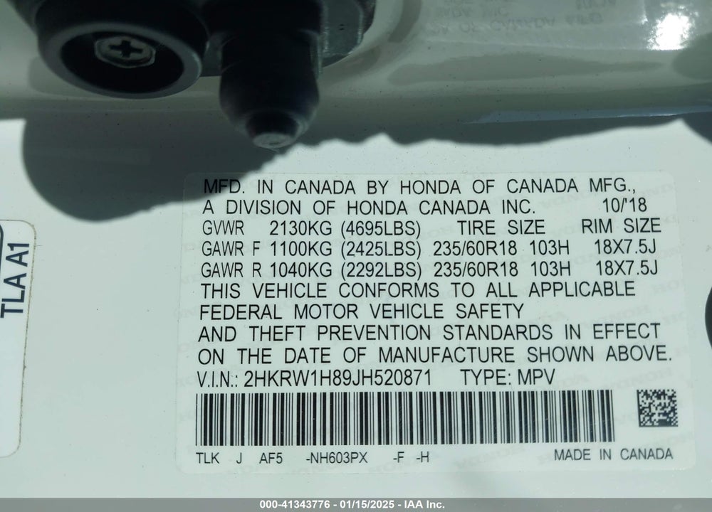 2018 HONDA CR-V EX-L/EX-L NAVI VIN: 2HKRW1H89JH520871