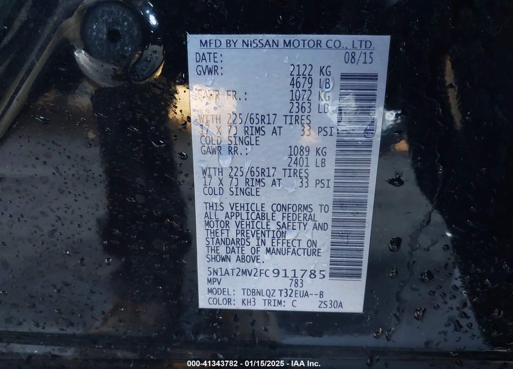 2015 NISSAN ROGUE SV VIN: 5N1AT2MV2FC911785