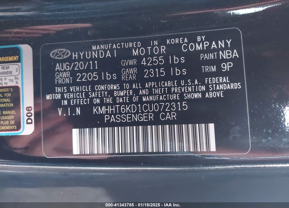 2012 HYUNDAI GENESIS VIN: KMHHT6KD1CU072315