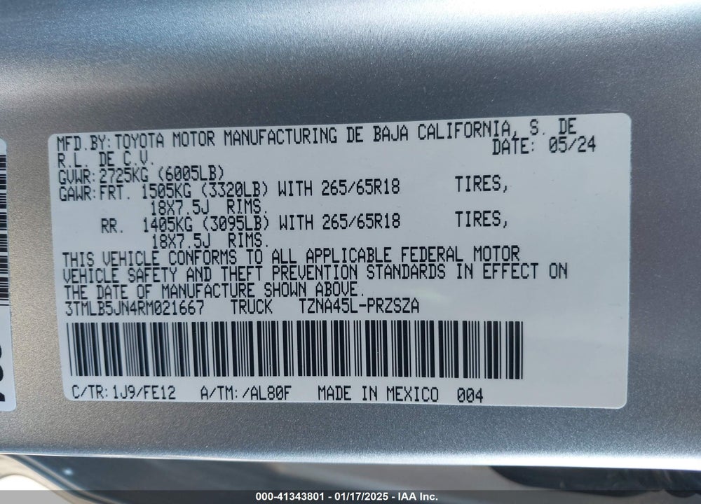 2024 TOYOTA TACOMA VIN: 3TMLB5JN4RM021667