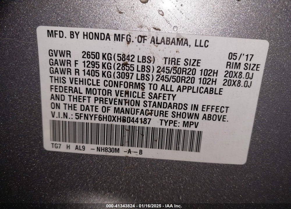 2017 HONDA PILOT ELITE VIN: 5FNYF6H0XHB044187