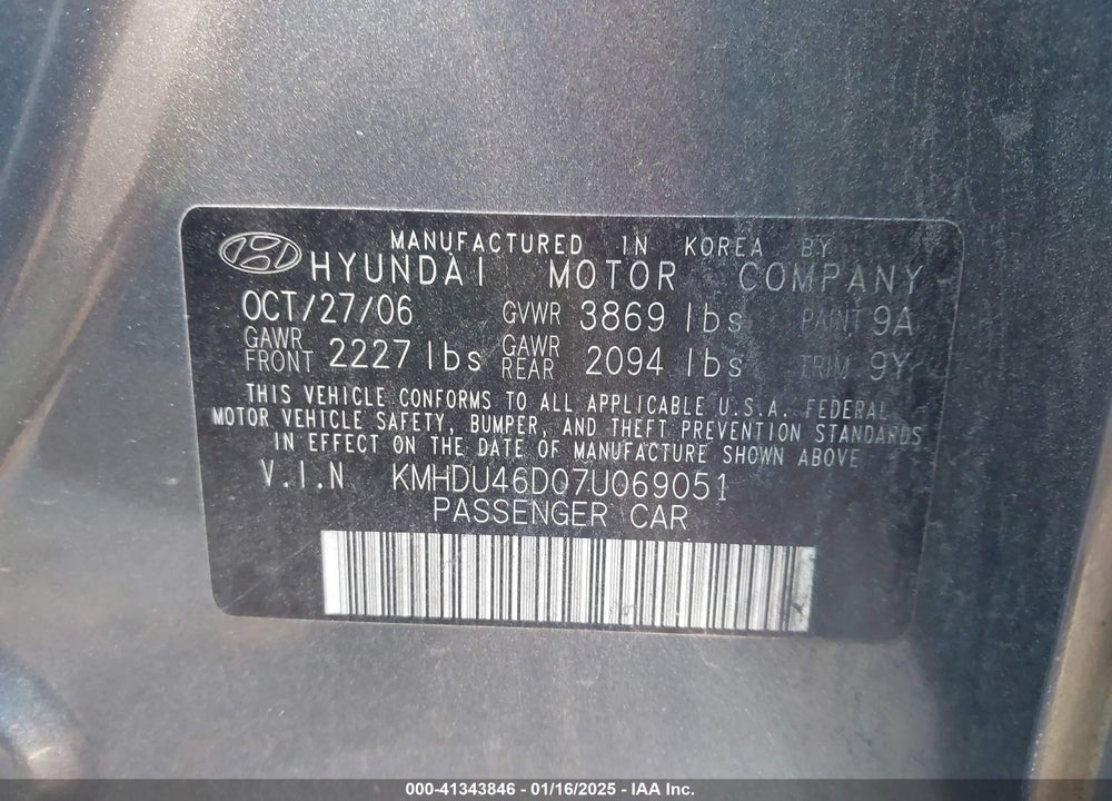 2007 HYUNDAI ELANTRA GLS/LIMITED/SE VIN: KMHDU46D07U069051