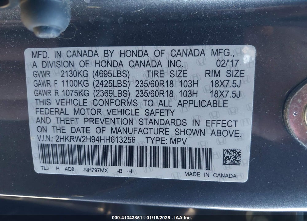 2017 HONDA CR-V TOURING VIN: 2HKRW2H94HH613256