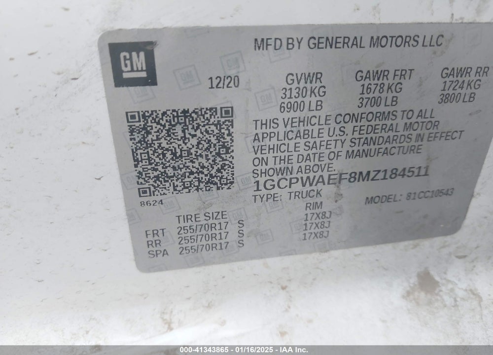 2021 CHEVROLET SILVERADO 1500 VIN: 1GCPWAEF8MZ184511