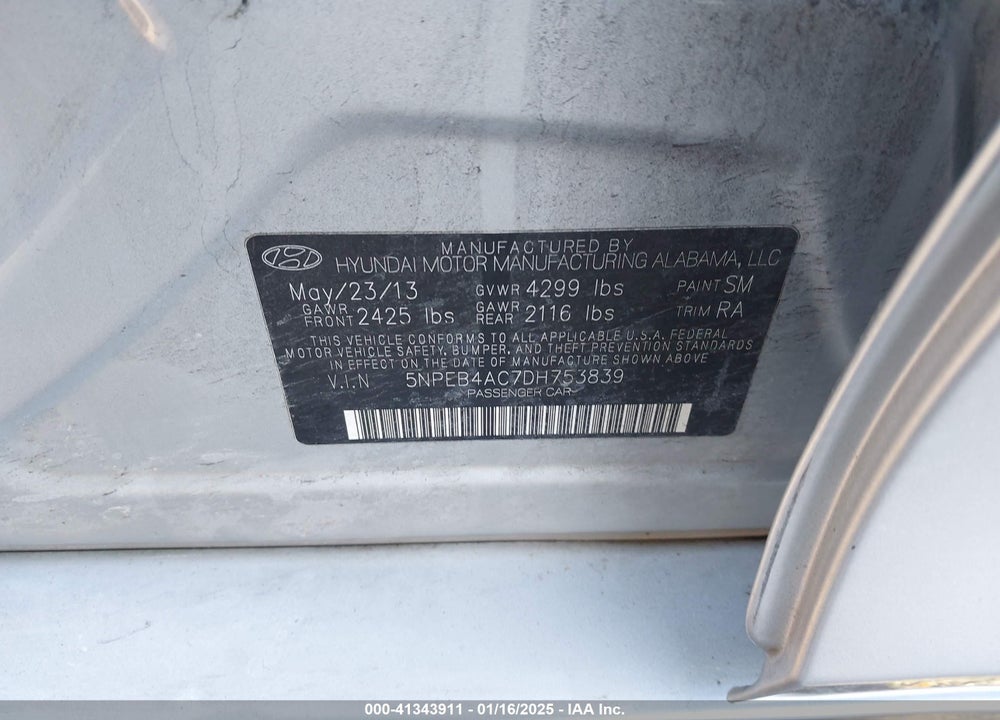2013 HYUNDAI SONATA VIN: 5NPEB4AC7DH753839