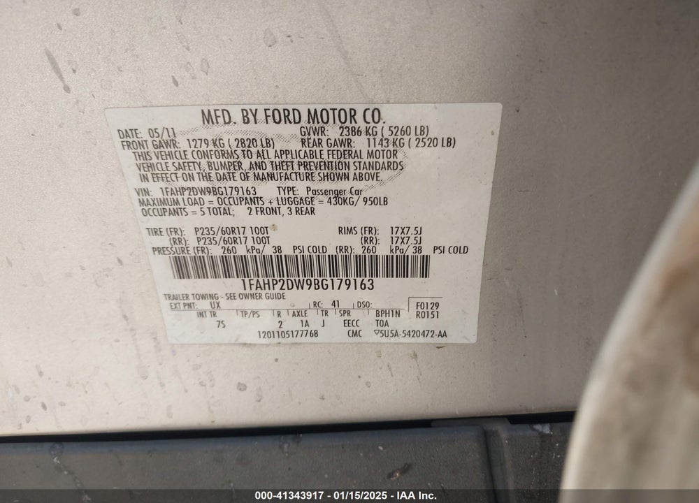 2011 FORD TAURUS SE VIN: 1FAHP2DW9BG179163