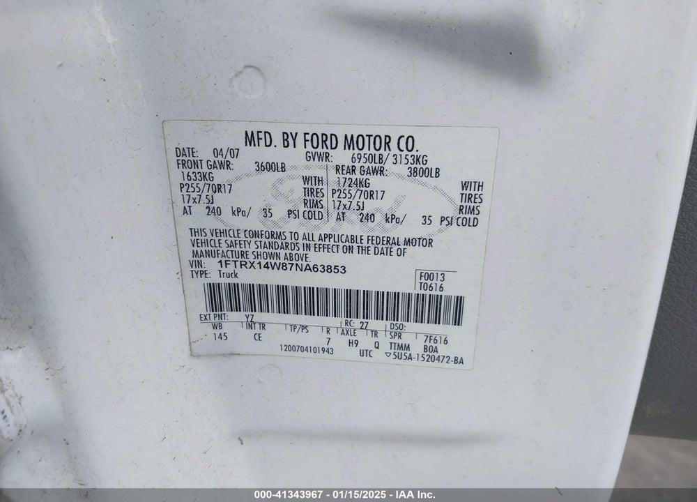 2007 FORD F-150 VIN: 1FTRX14W87NA63853
