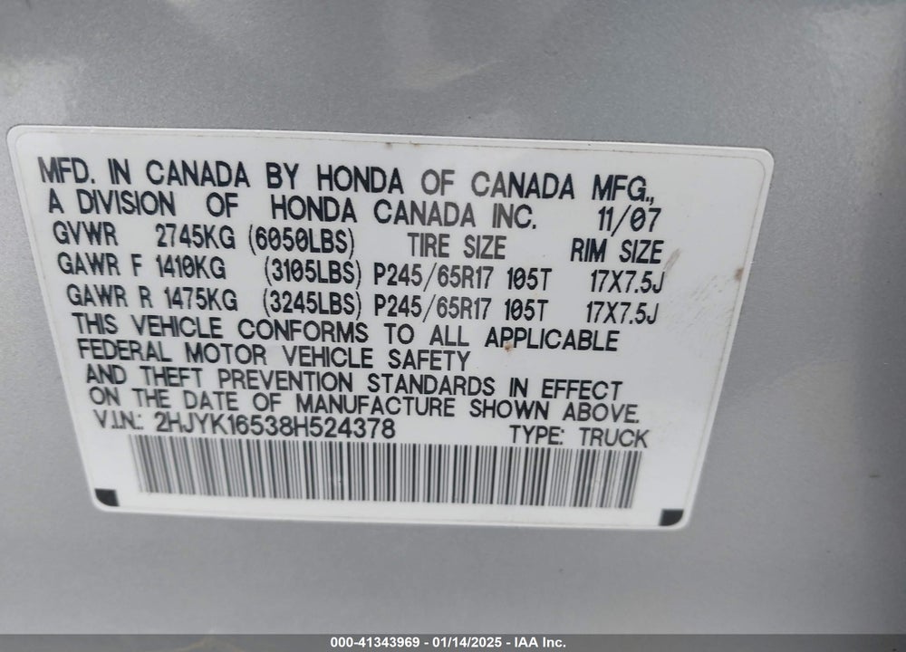 2008 HONDA RIDGELINE RTL VIN: 2HJYK16538H524378