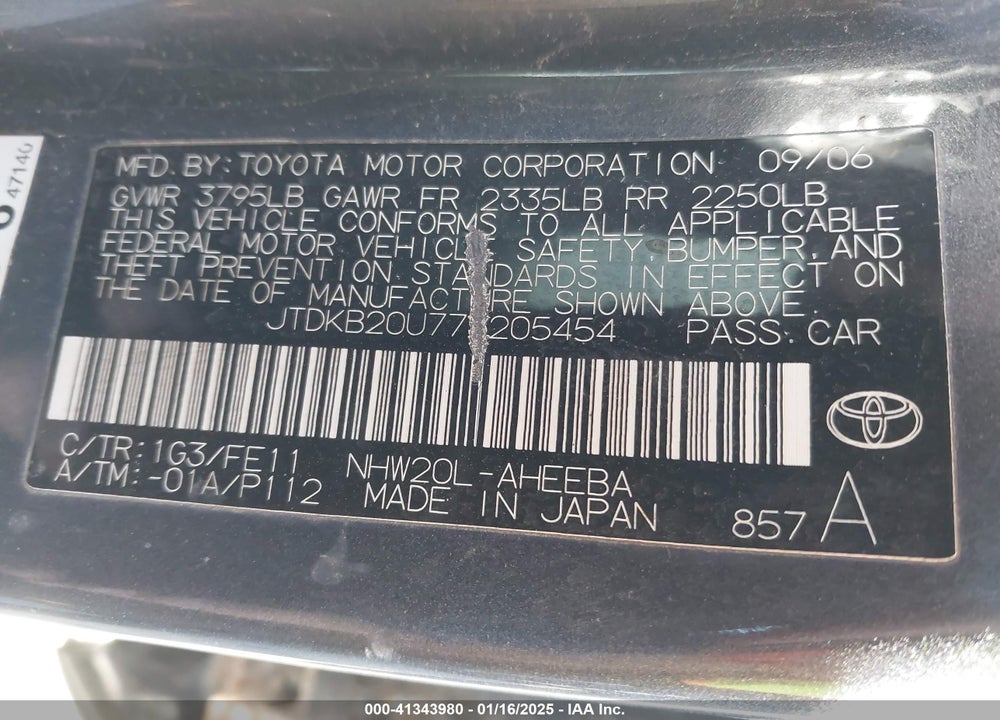2007 TOYOTA PRIUS TOURING VIN: JTDKB20U773205454