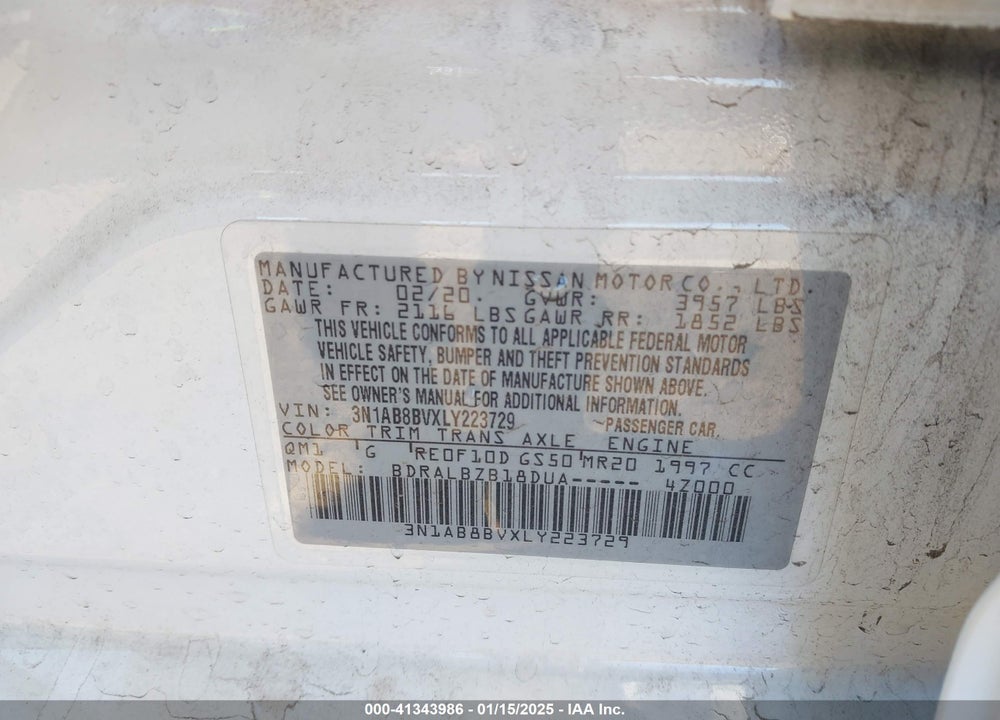 2020 NISSAN SENTRA VIN: 3N1AB8BVXLY223729