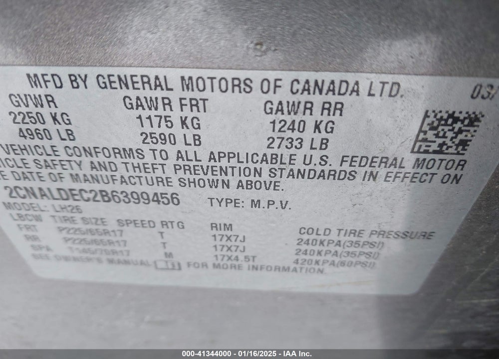 2011 CHEVROLET EQUINOX 1LT VIN: 2CNALDEC2B6399456