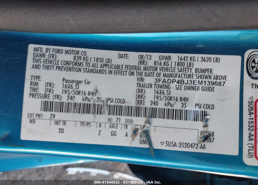 2014 FORD FIESTA VIN: 3FADP4BJ3EM139687