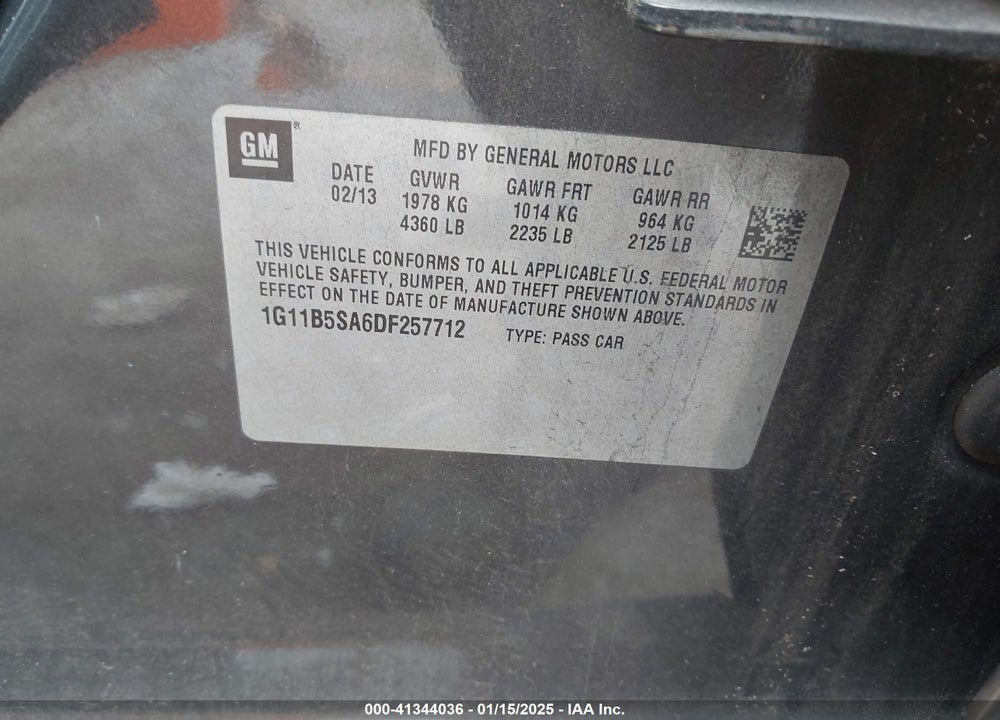 2013 CHEVROLET MALIBU VIN: 1G11B5SA6DF257712