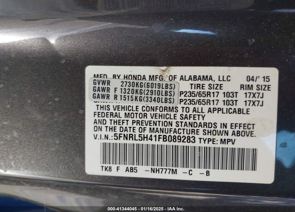 2015 HONDA ODYSSEY EX VIN: 5FNRL5H41FB089283