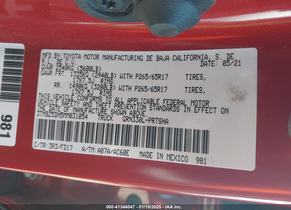 2021 TOYOTA TACOMA TRD SPORT VIN: 3TMBZ5DN5MM031054