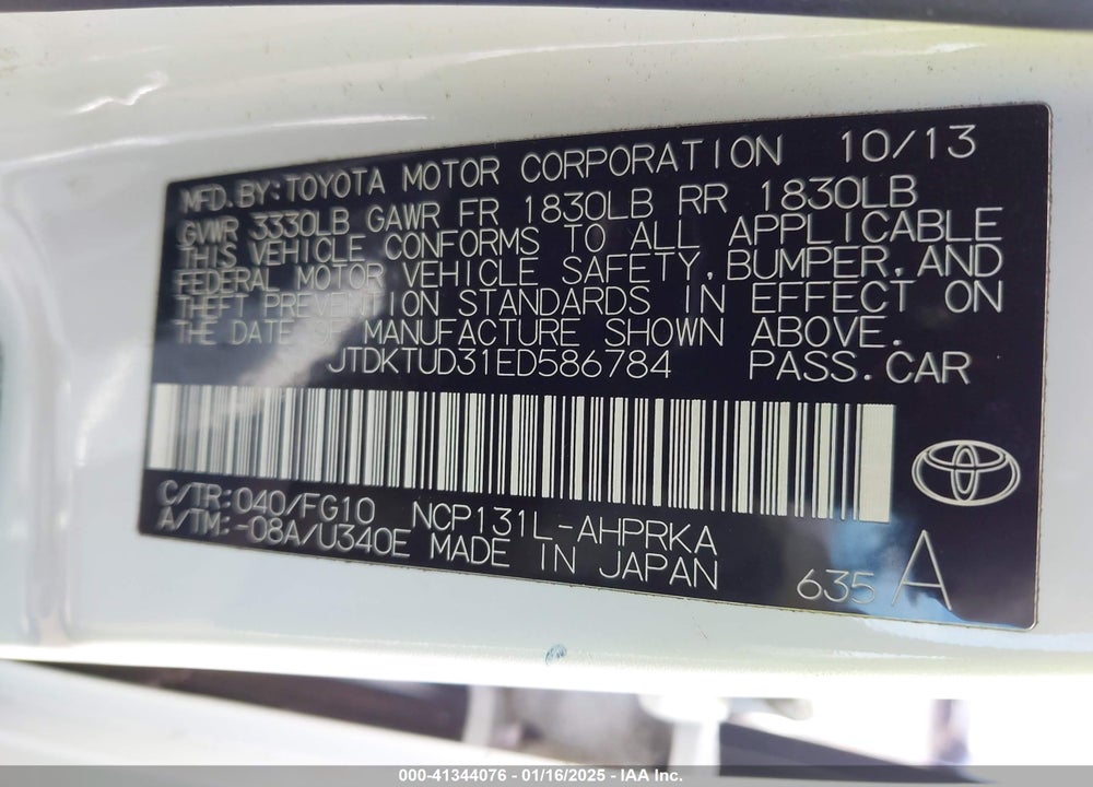 2014 TOYOTA YARIS VIN: JTDKTUD31ED586784