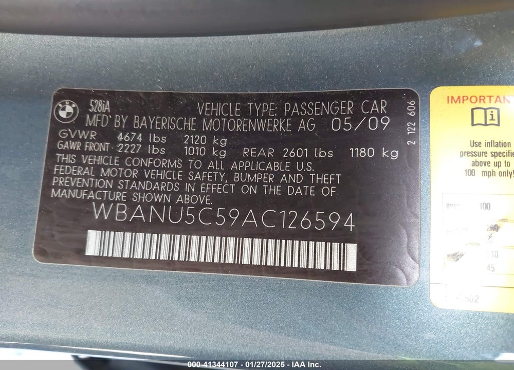 2010 BMW 5 SERIES VIN: WBANU5C59AC126594