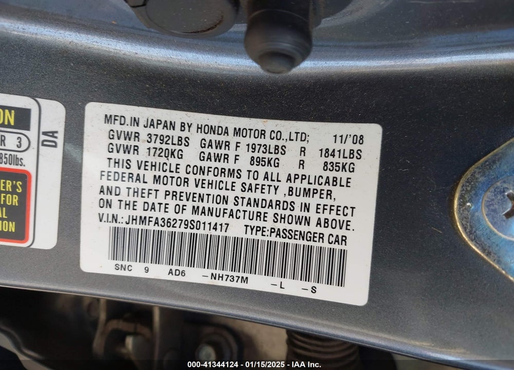 2009 HONDA CIVIC HYBRID VIN: JHMFA36279S011417