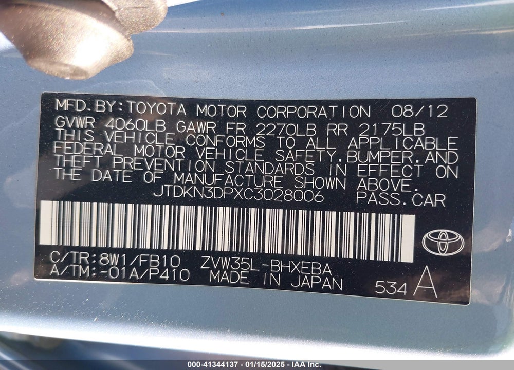2012 TOYOTA PRIUS PLUG-IN VIN: JTDKN3DPXC3028006