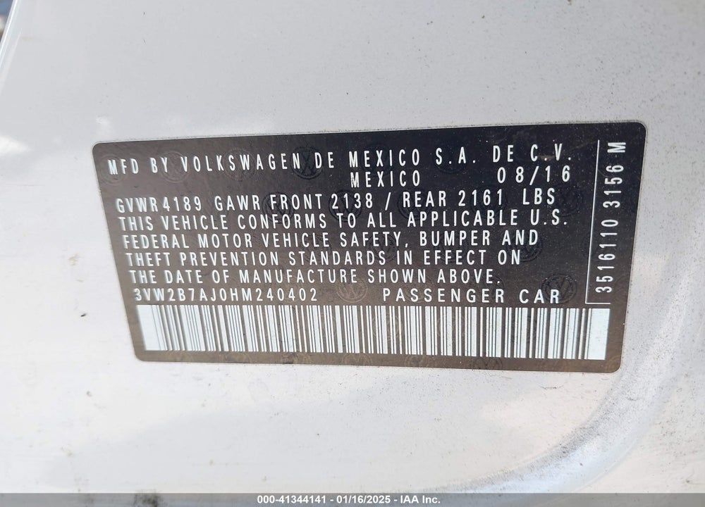 2017 VOLKSWAGEN JETTA VIN: 3VW2B7AJ0HM240402