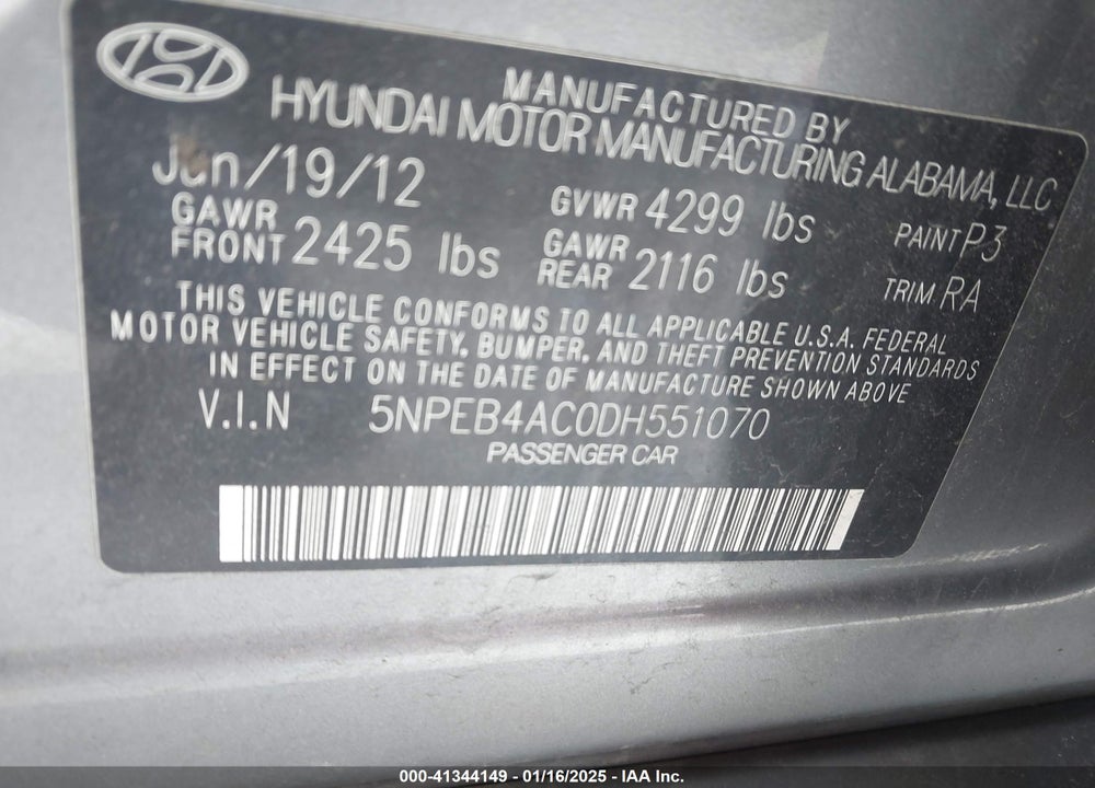 2013 HYUNDAI SONATA GLS VIN: 5NPEB4AC0DH551070