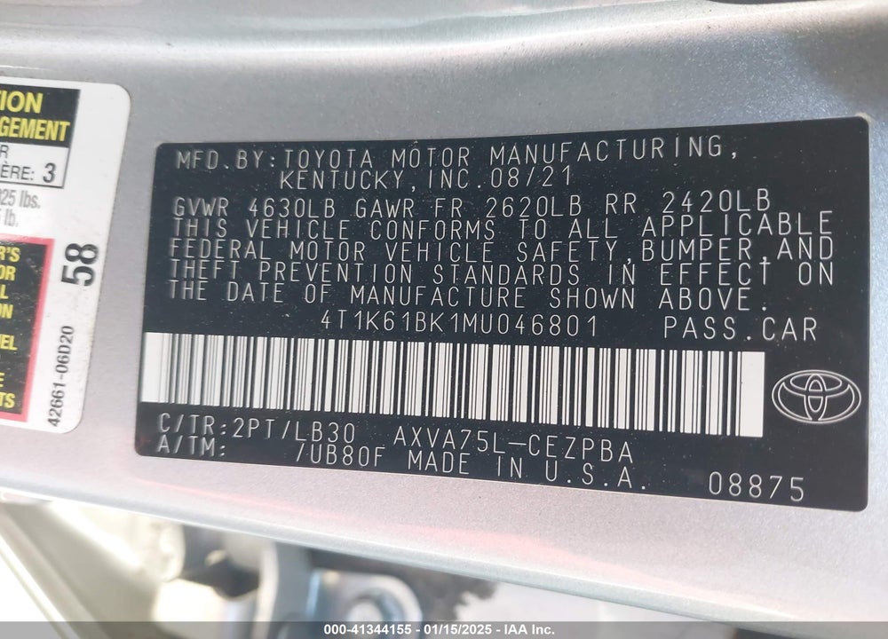 2021 TOYOTA CAMRY VIN: 4T1K61BK1MU046801
