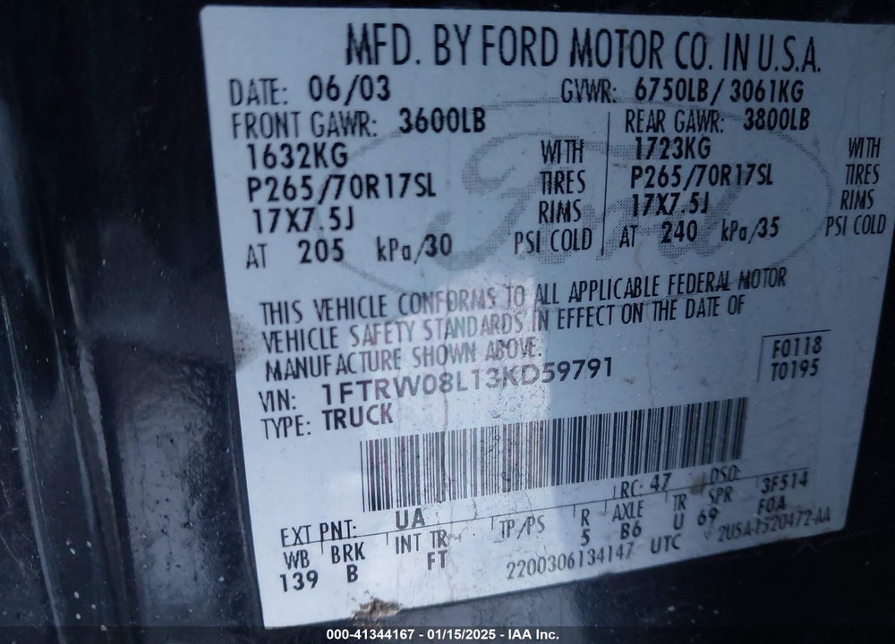 2003 FORD F-150 LARIAT/XLT VIN: 1FTRW08L13KD59791