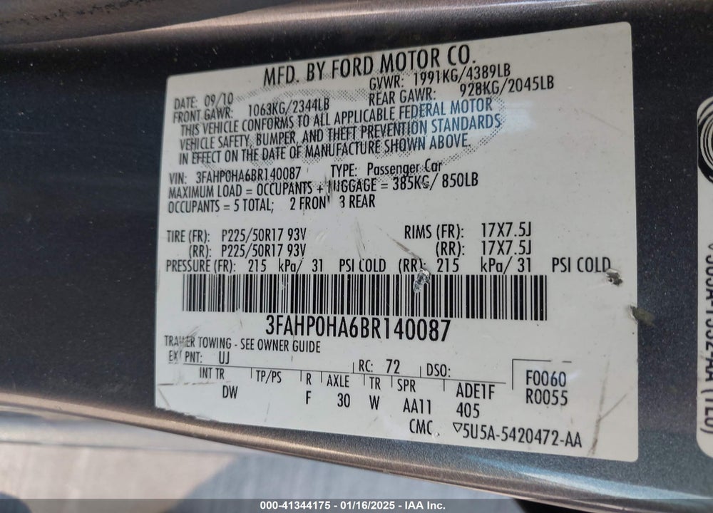 2011 FORD FUSION VIN: 3FAHP0HA6BR140087