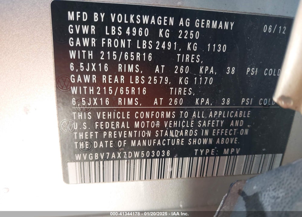 2013 VOLKSWAGEN TIGUAN VIN: WVGBV7AX7DW503036