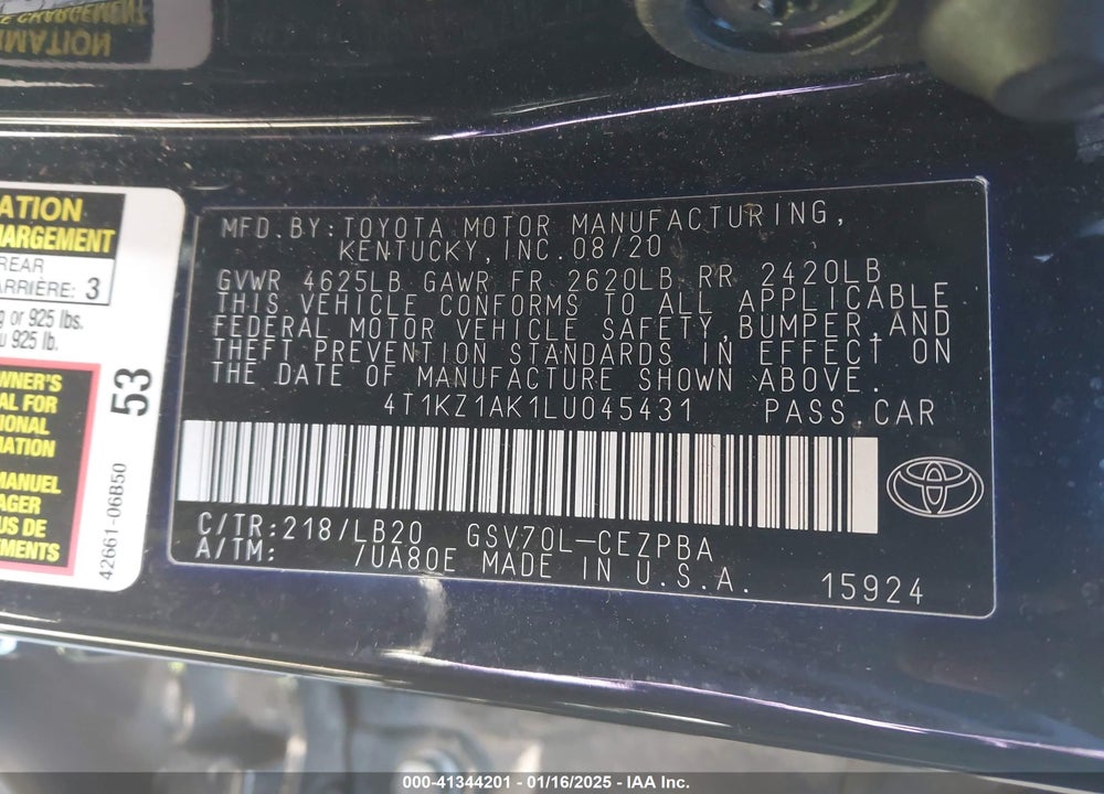 2020 TOYOTA CAMRY VIN: 4T1KZ1AK1LU045431