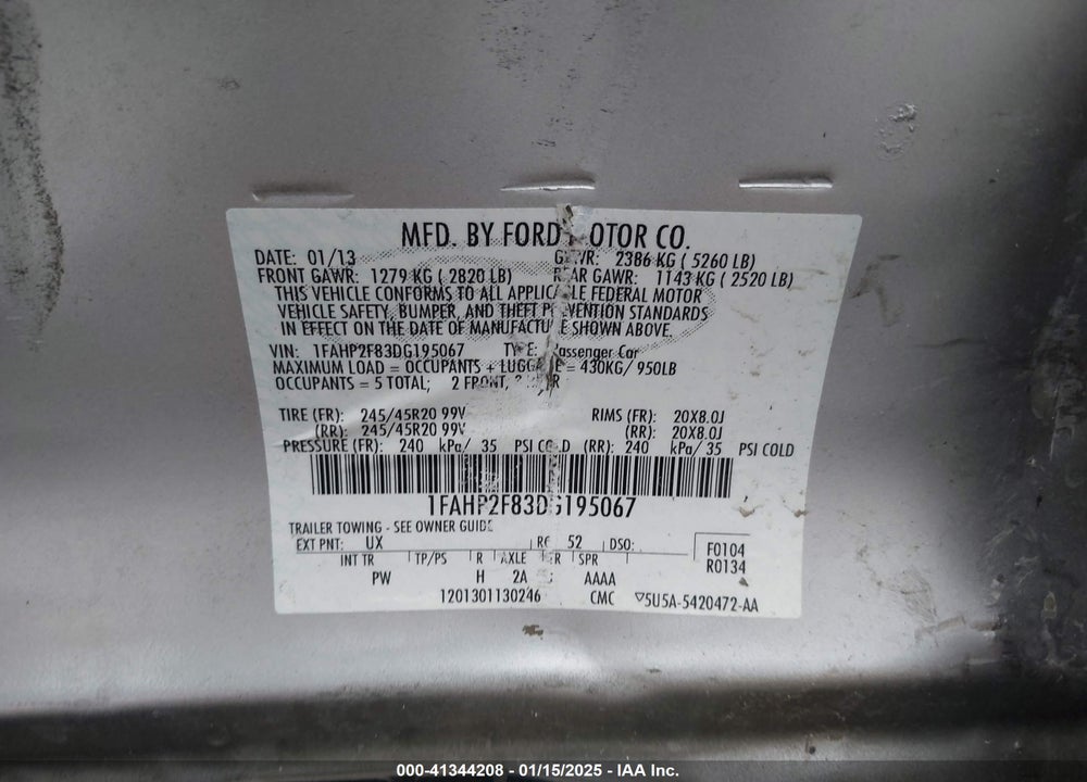2013 FORD TAURUS VIN: 1FAHP2F83DG195067
