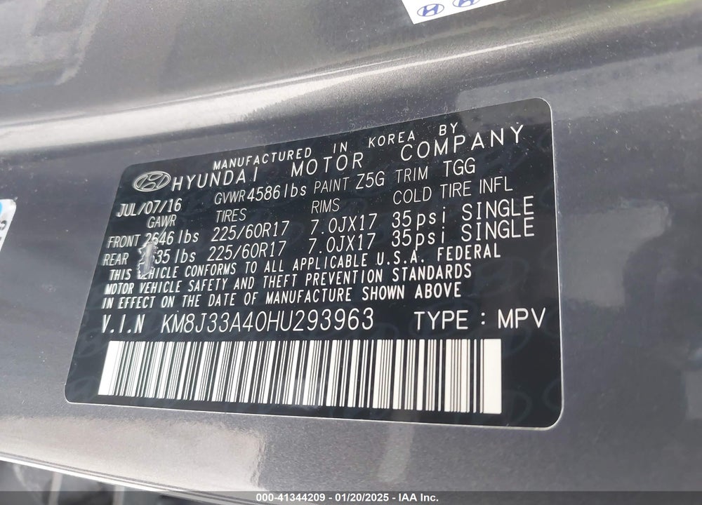 2017 HYUNDAI TUCSON SE VIN: KM8J33A40HU293963