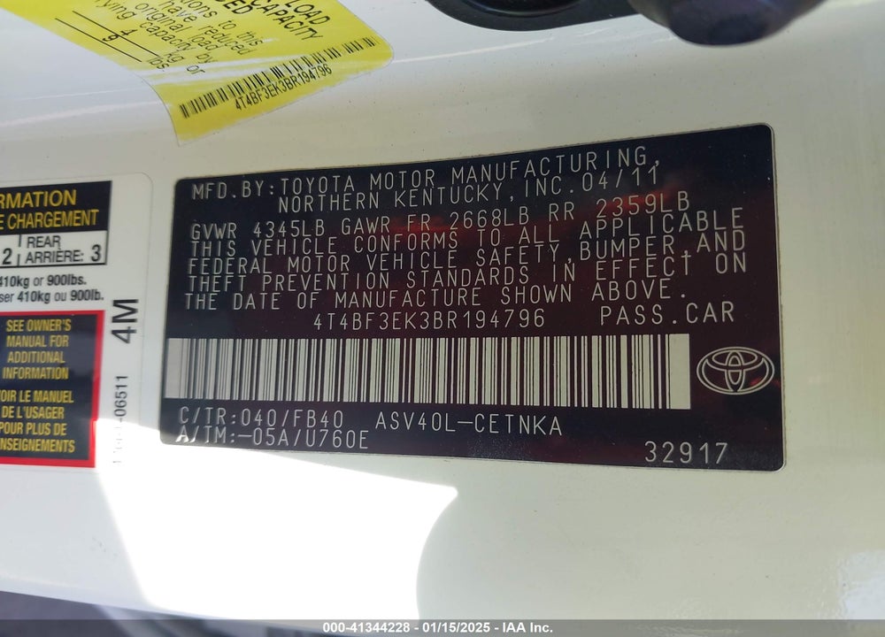 2011 TOYOTA CAMRY VIN: 4T4BF3EK3BR194796