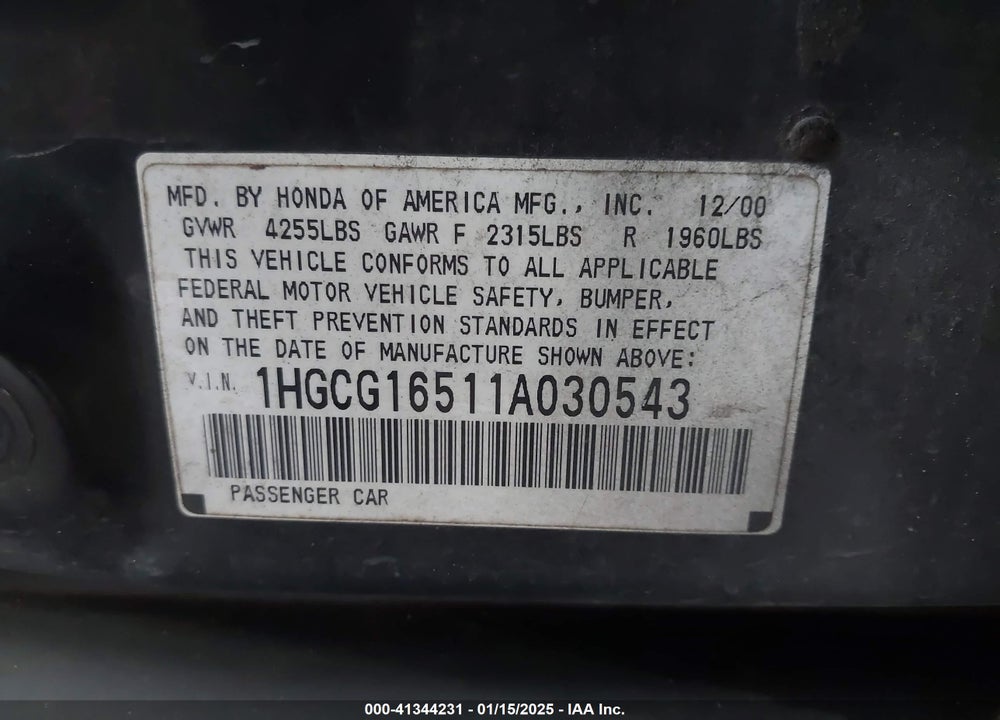2001 HONDA ACCORD VIN: 1HGCG16511A030543