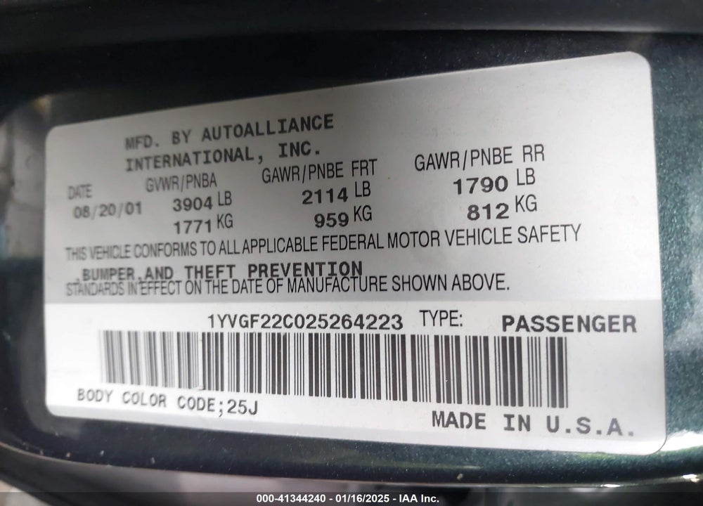 2002 MAZDA 626 LX VIN: 1YVGF22C025264223
