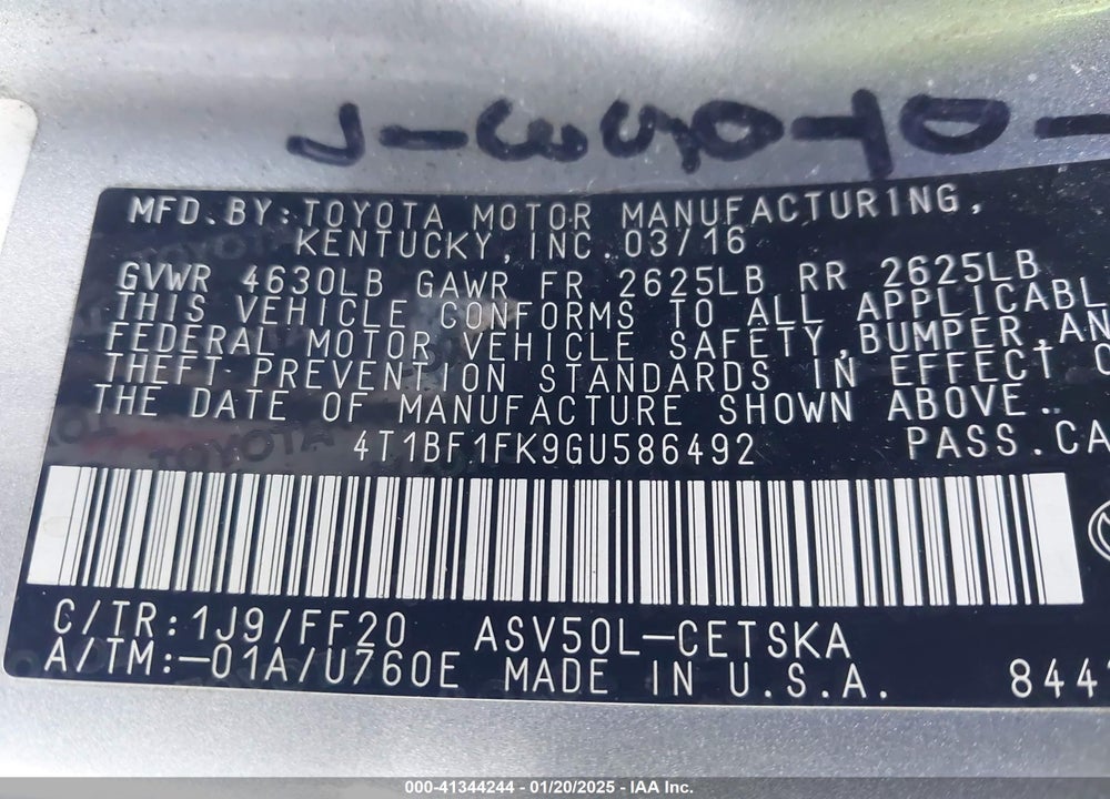 2016 TOYOTA CAMRY VIN: 4T1BF1FK9GU586492