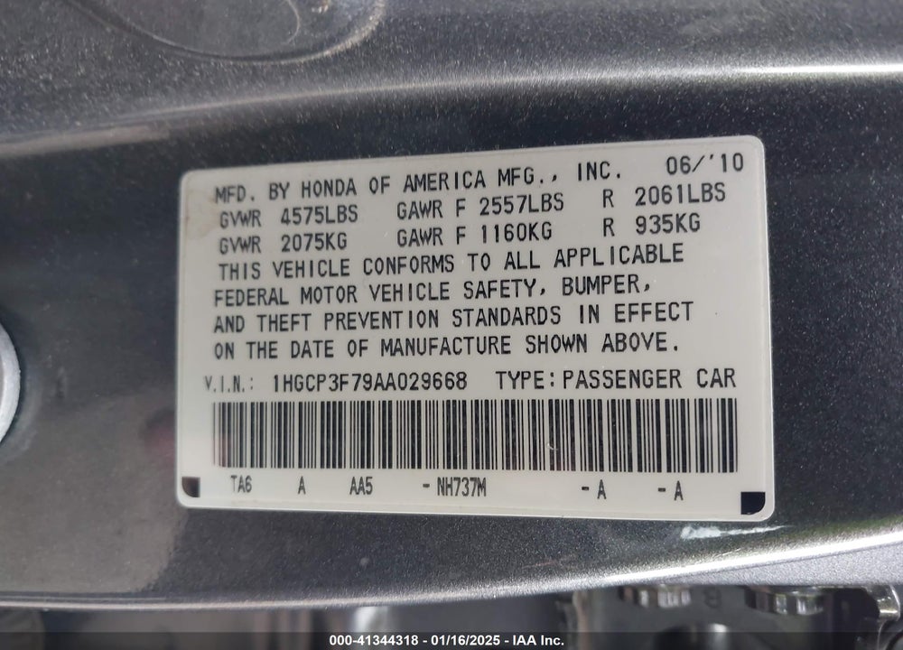 2010 HONDA ACCORD VIN: 1HGCP3F79AA029668