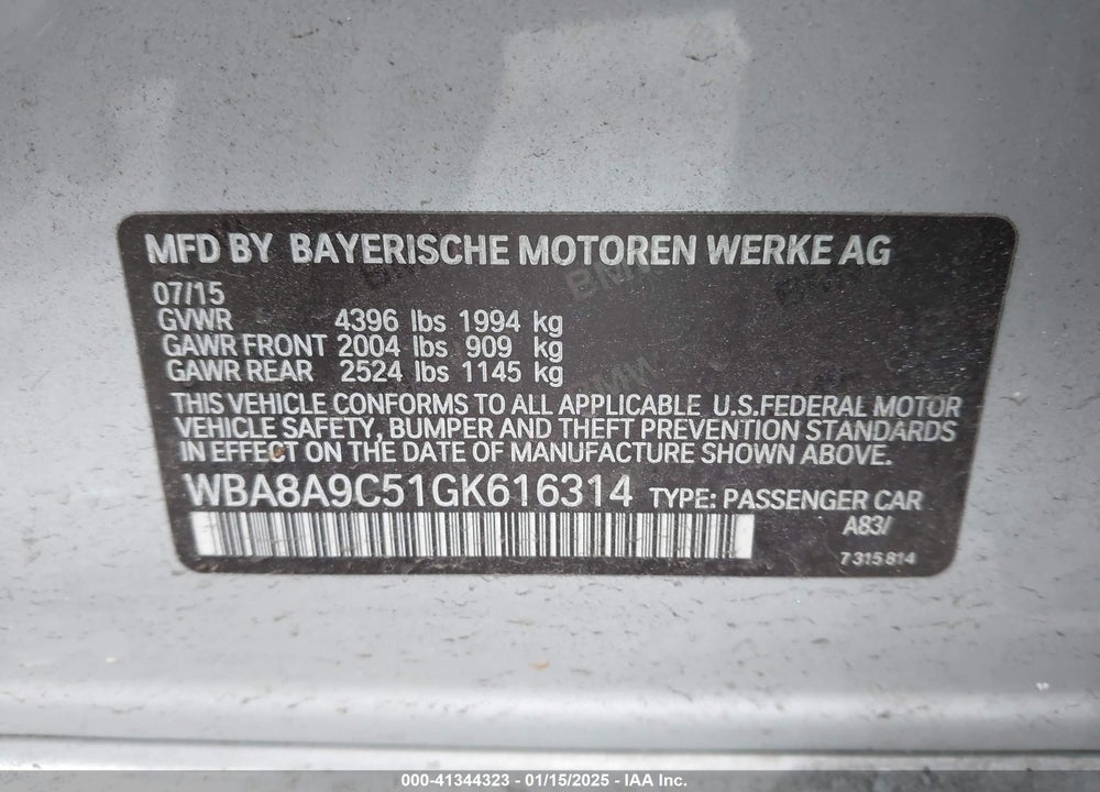2016 BMW 320I VIN: WBA8A9C51GK616314